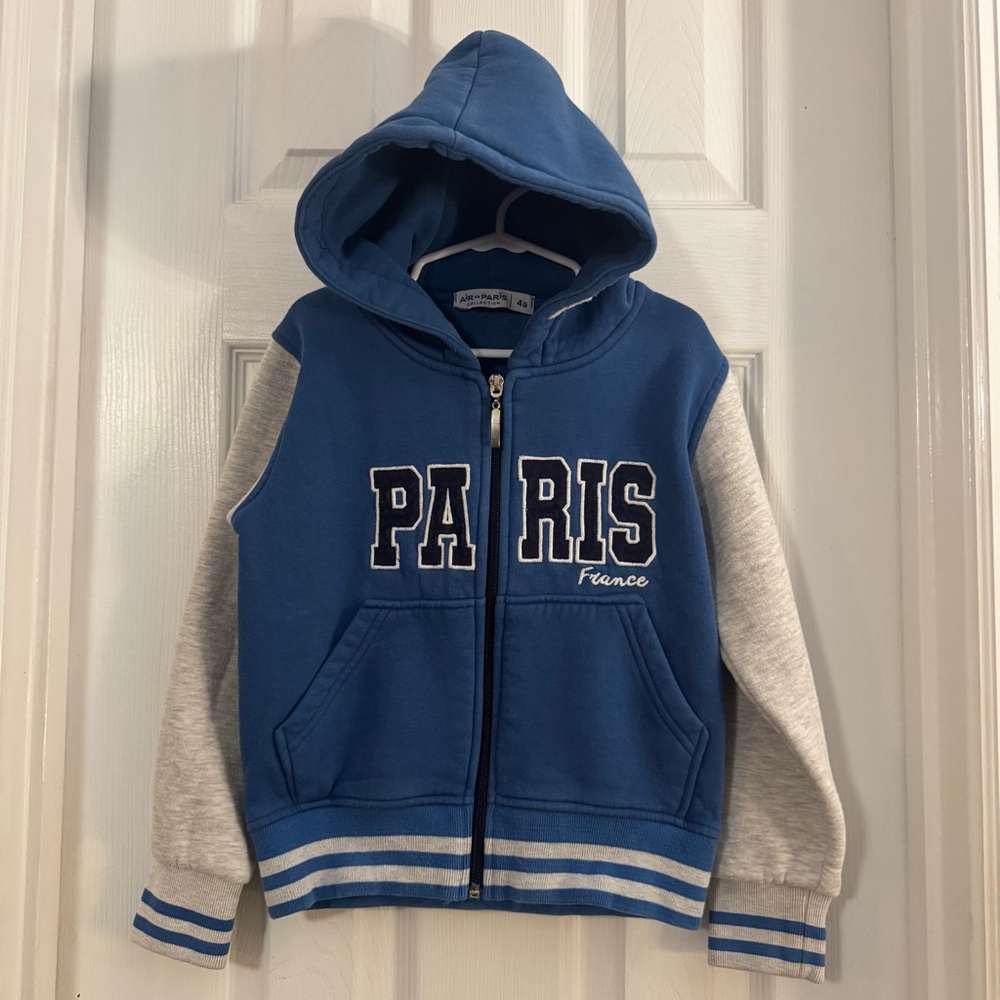 Air de Paris Collection Unisex Kids Blue Hoodie with Gray Sleeves Cozy Jacket